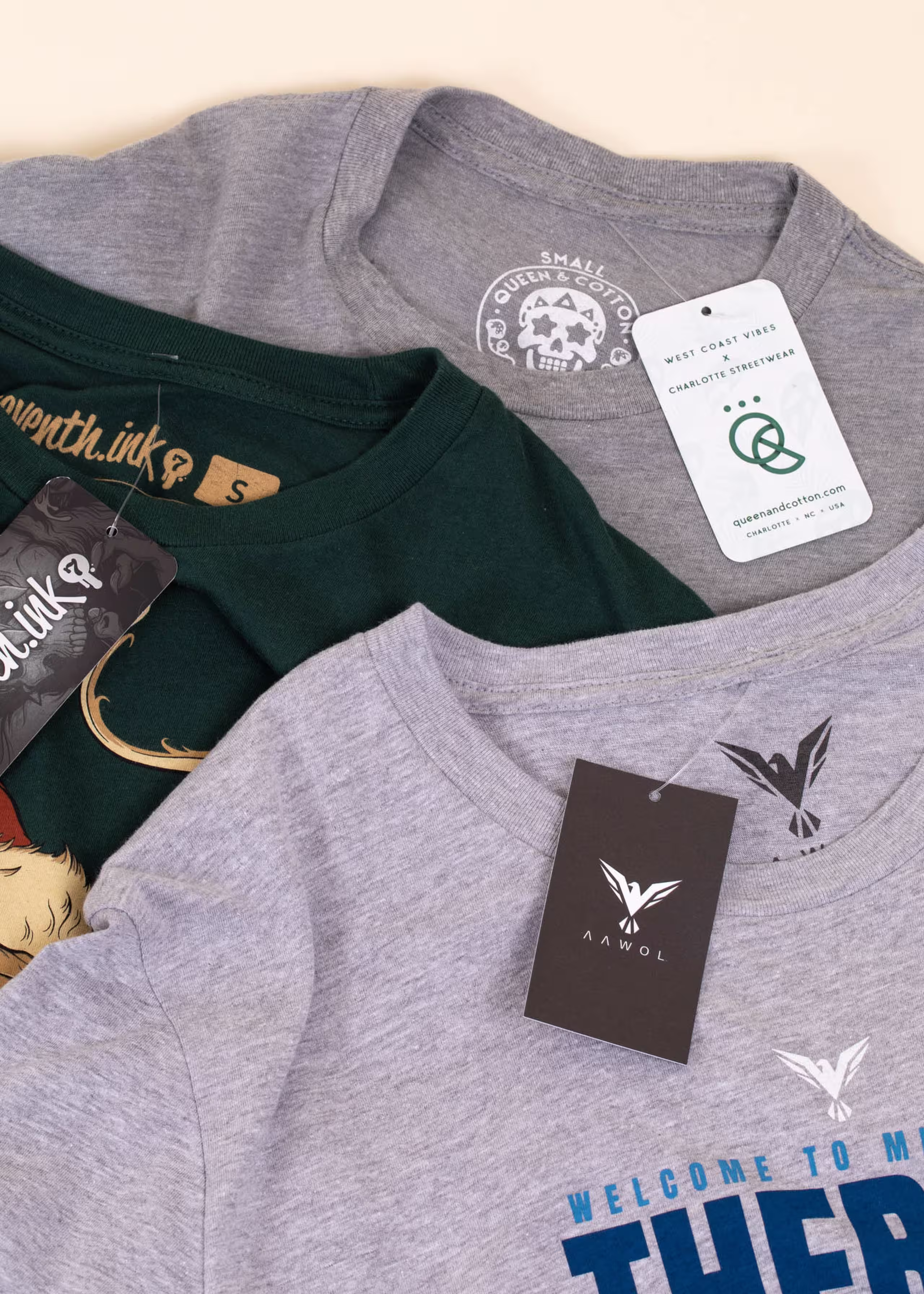 Hang tags and printed tags on a variety of garments
