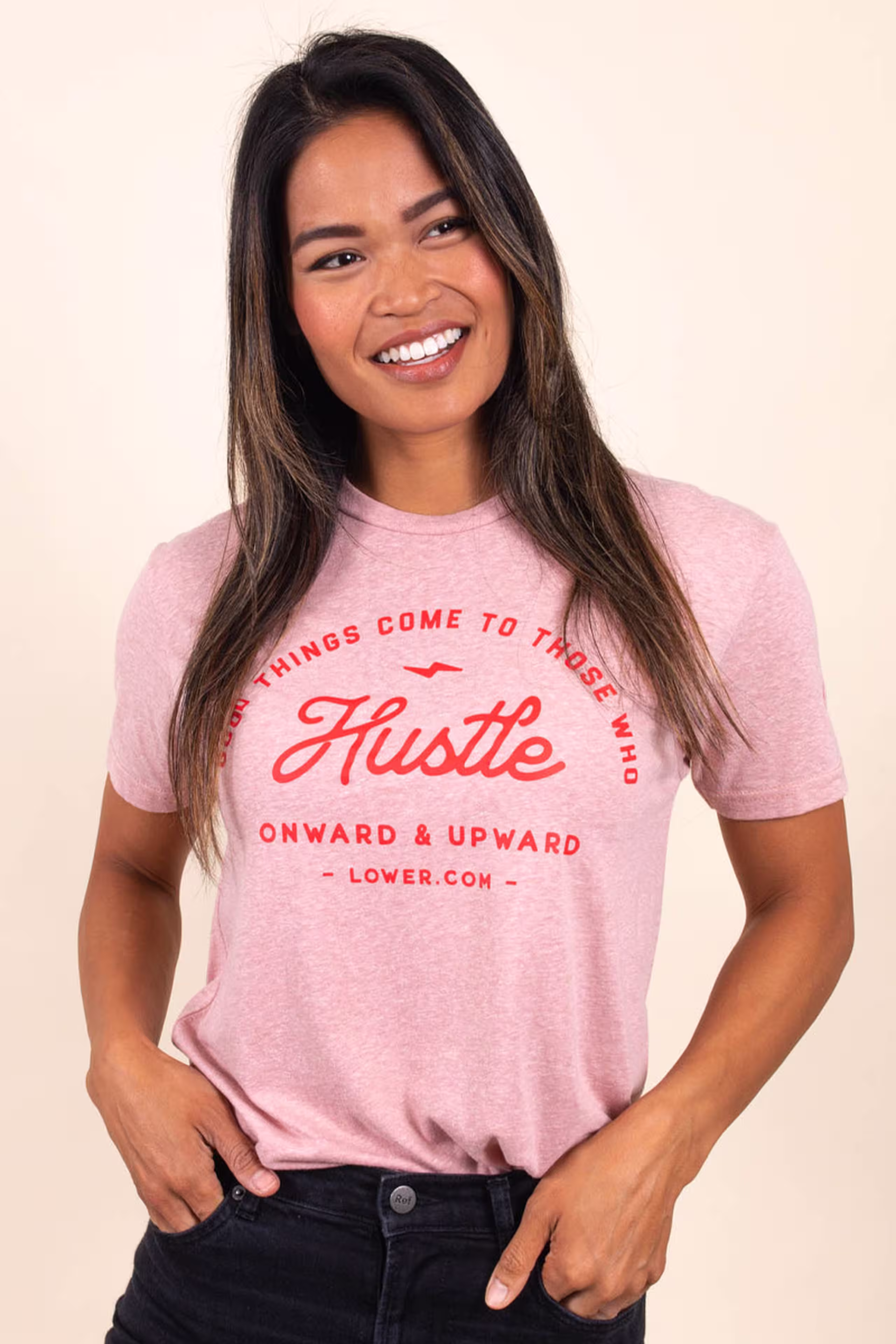 woman wearing a pink t-shirt with dark pink print