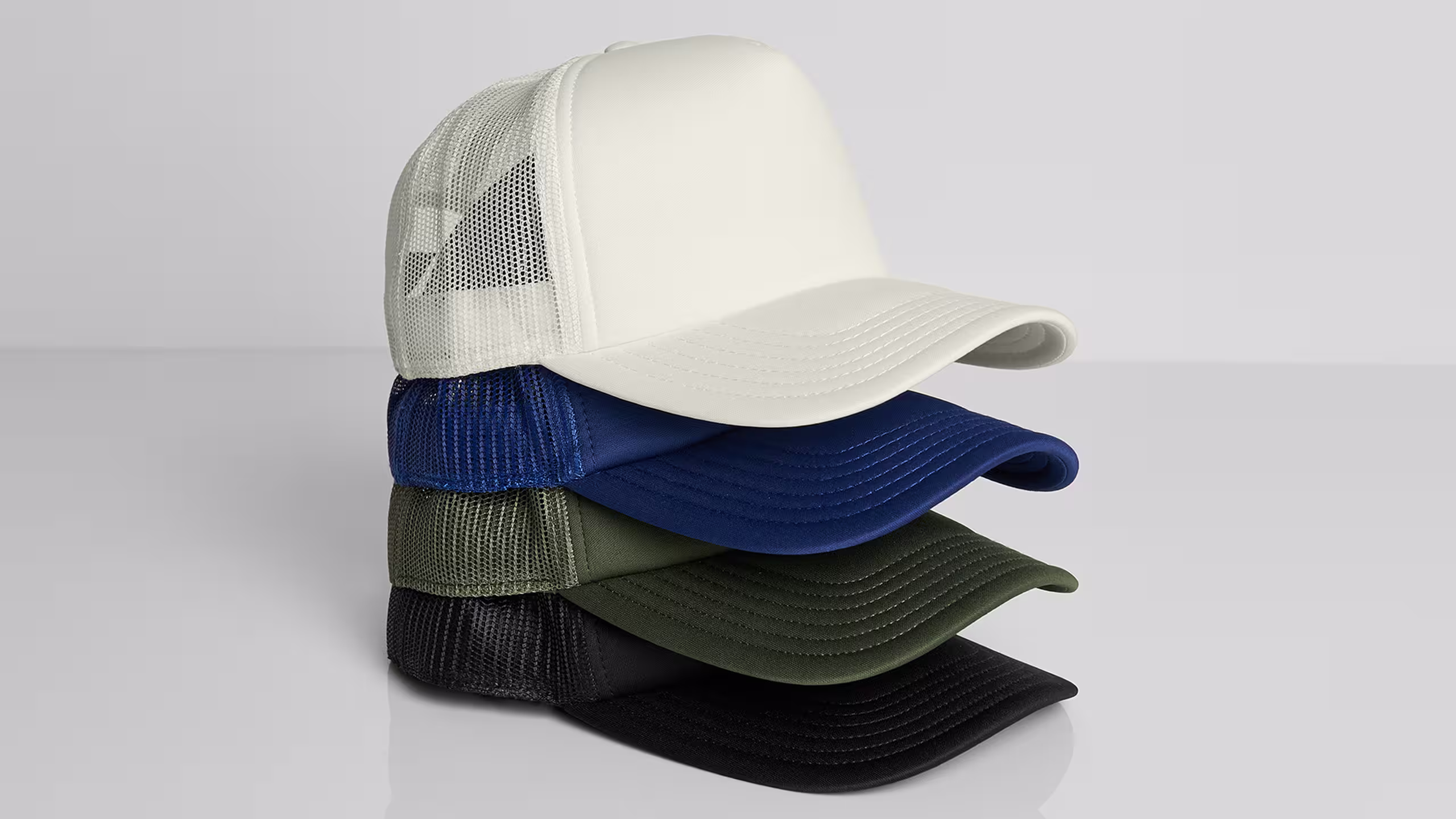 stack of hats, black, olive, blue, white