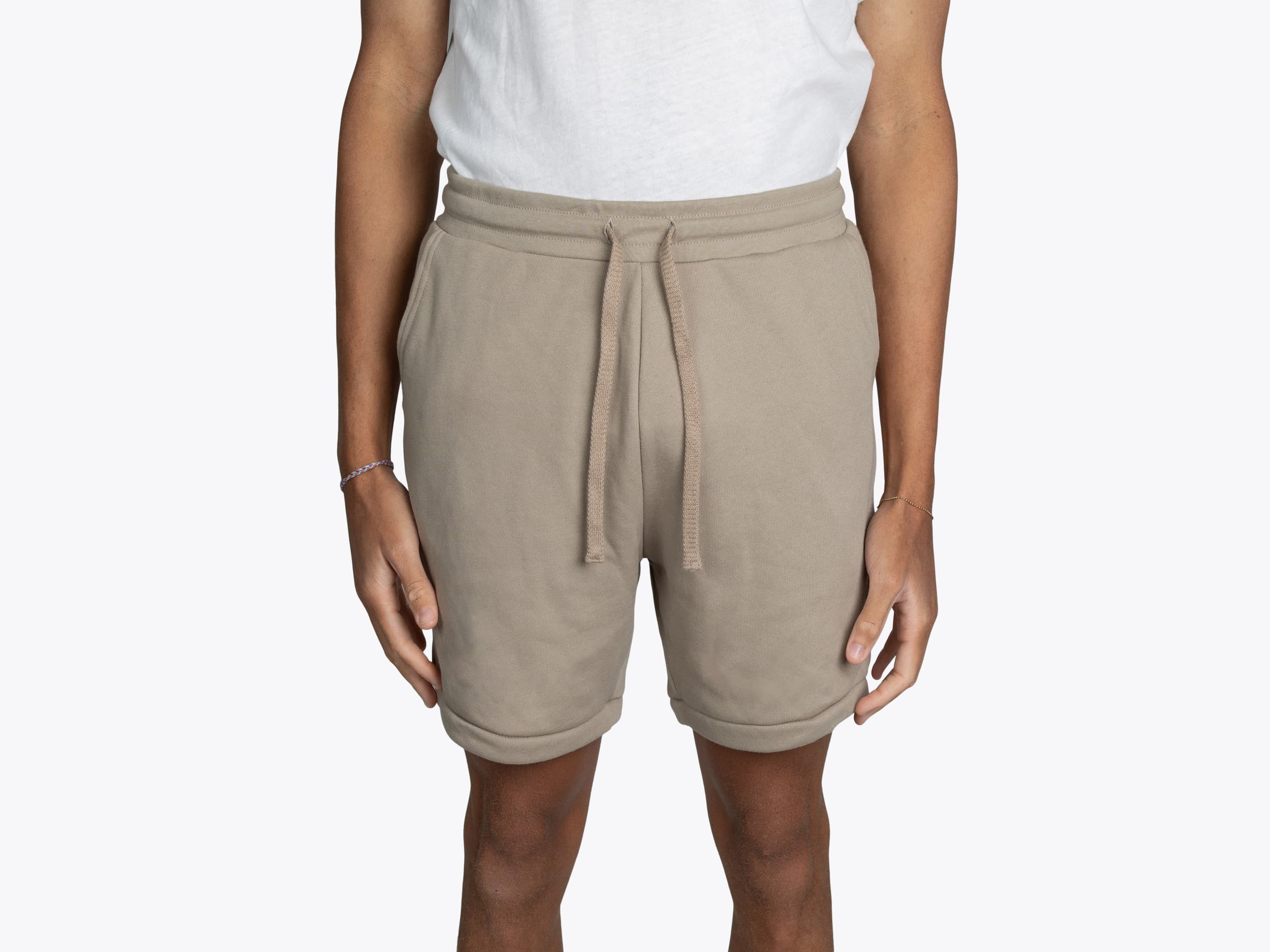 Bella+Canvas 3724 Sweatshorts in Tan (model:male, size:medium, view:front)