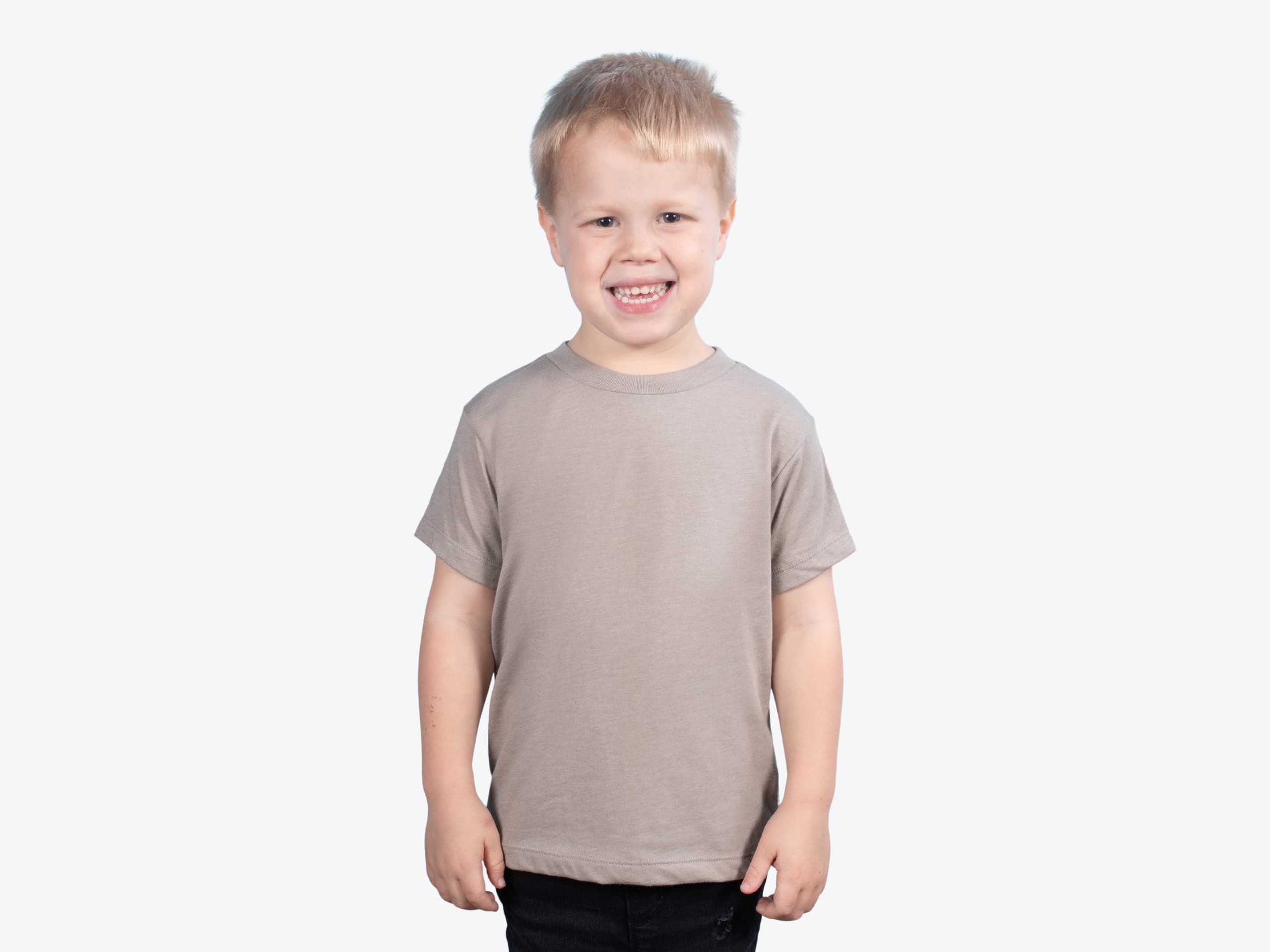 Bella+Canvas 3001T Fine Jersey Toddler Tee in Heather Stone (model:boy, size:3t, view:front)