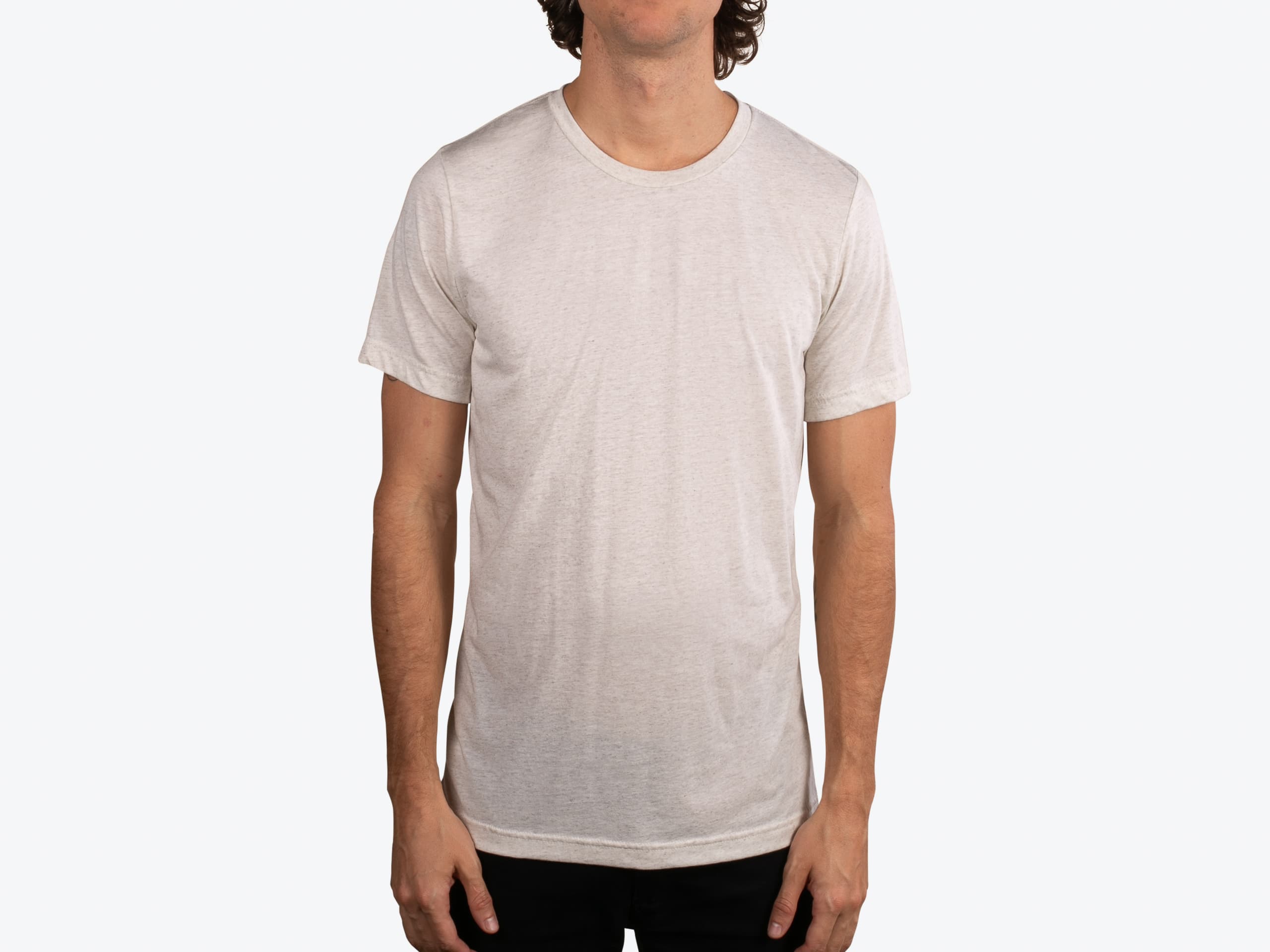 Bella+Canvas 3413 Unisex Triblend Tee in Oatmeal Triblend (model:male, size:medium, view:front)