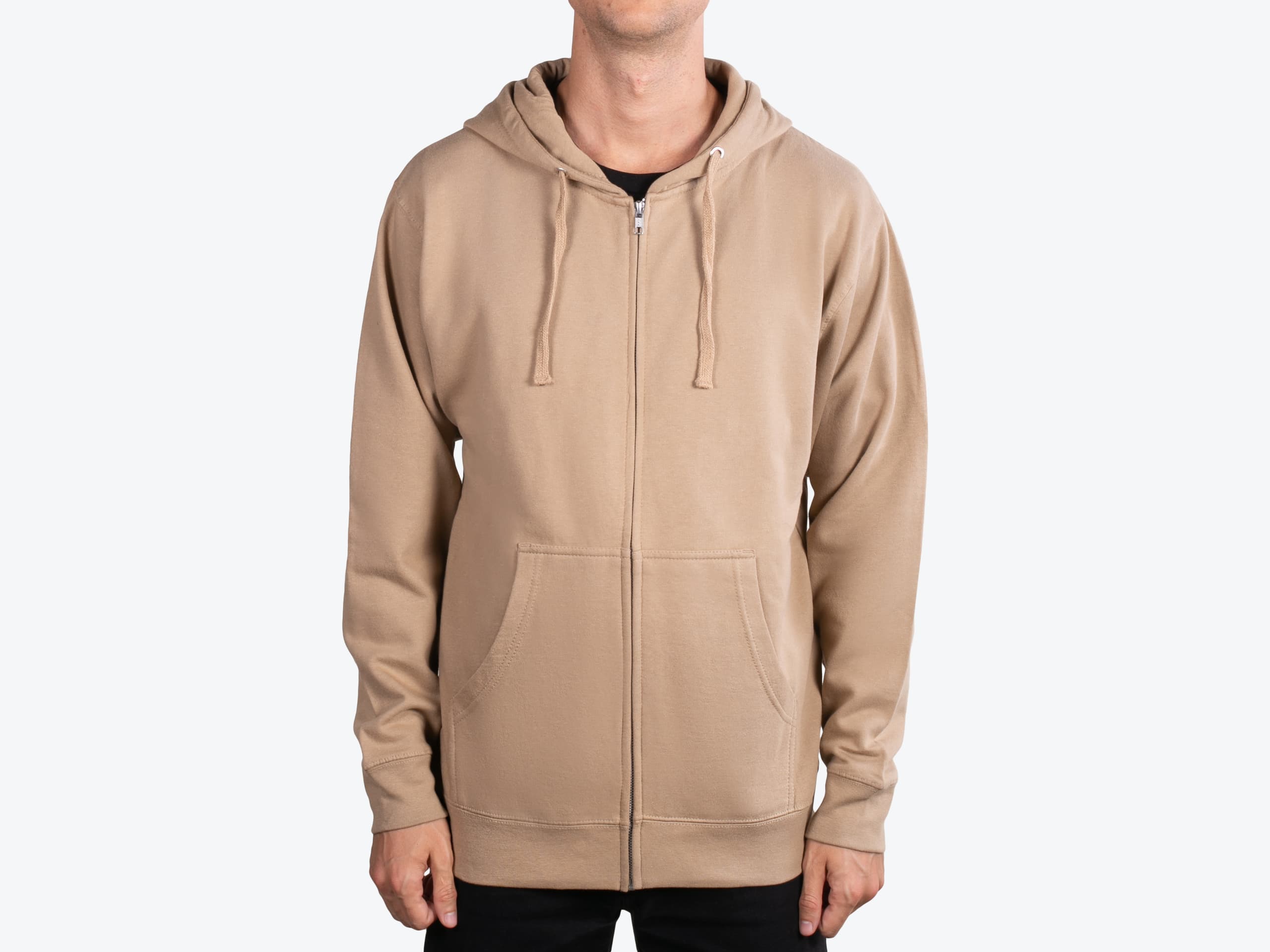 Independent Trading Co SS4500Z Midweight Zip Hoodie in Sandstone (model:male, size:medium, view:front)