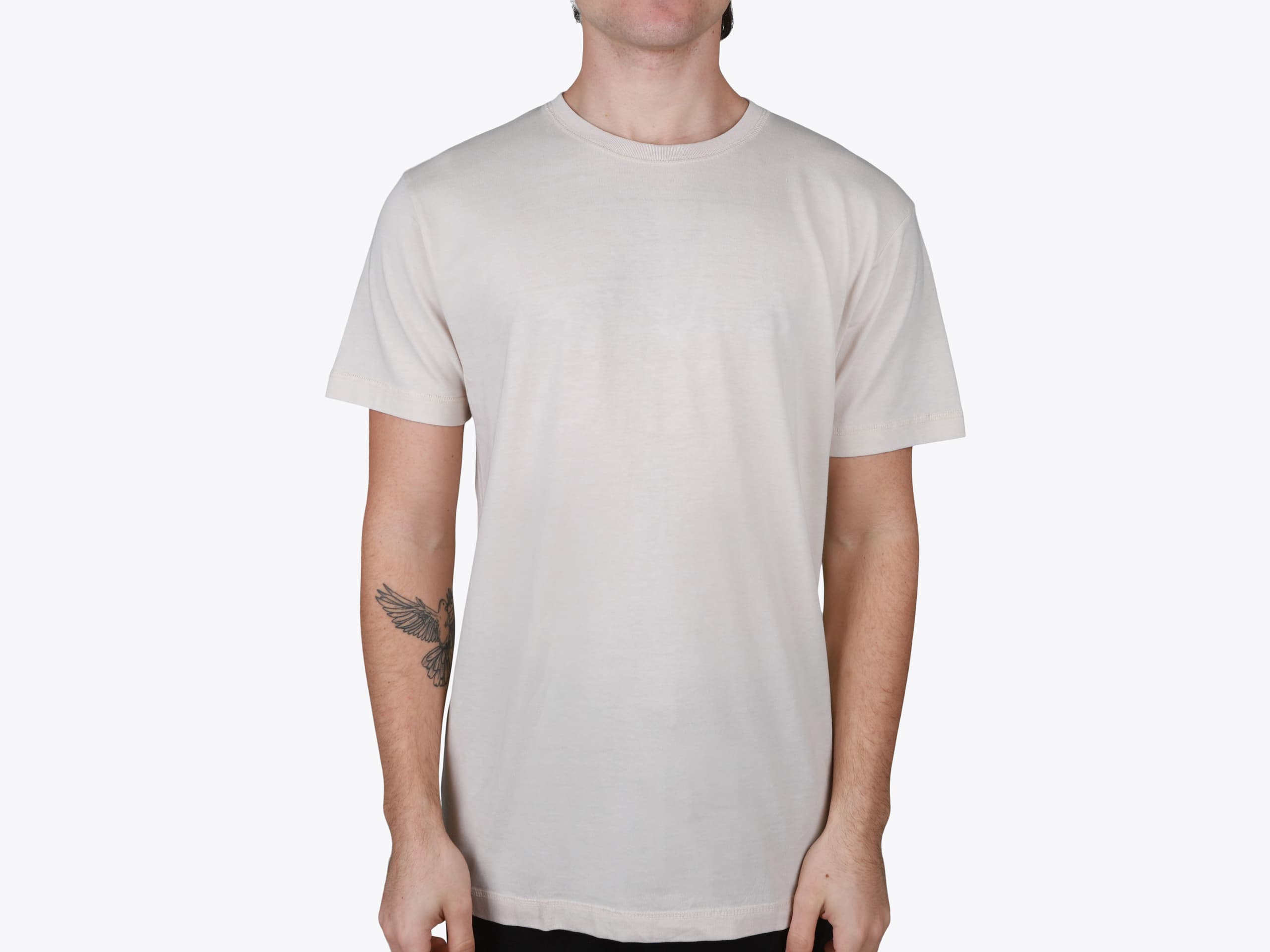 LAT Apparel 6902 Adult Vintage Wash Tee in Washed Natural (model:male, size:medium, view:front)