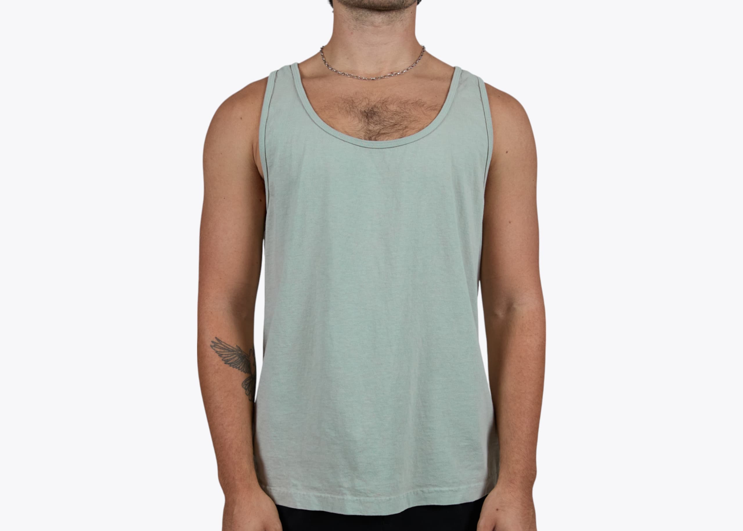Los Angeles Apparel 1815GD Garment Dye Basic Tank in Sage (model:male, size:medium, view:front)