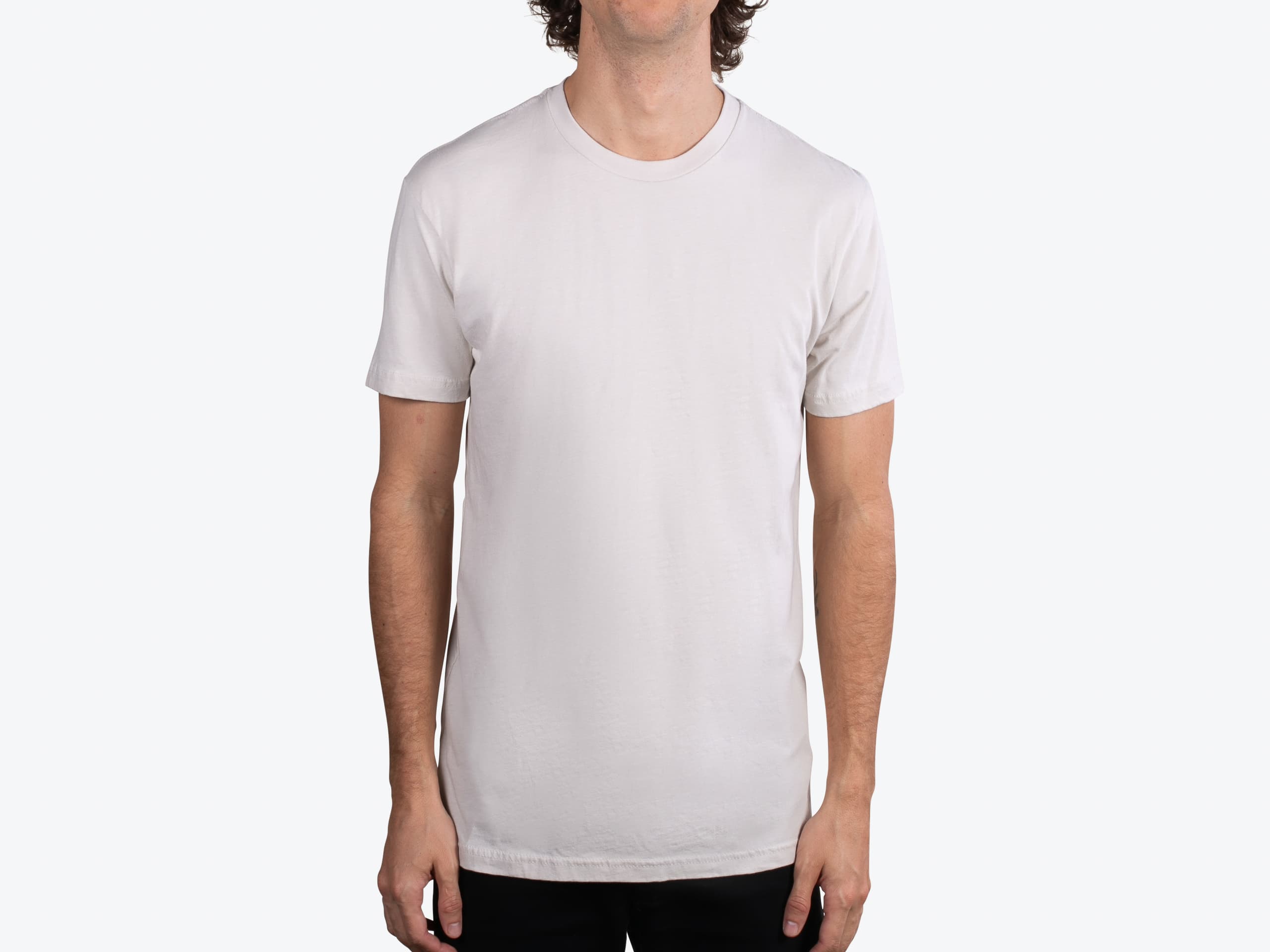 Next Level Apparel 3600 Premium Fitted Short Sleeve Crew in Sand (model:male, size:medium, view:front)