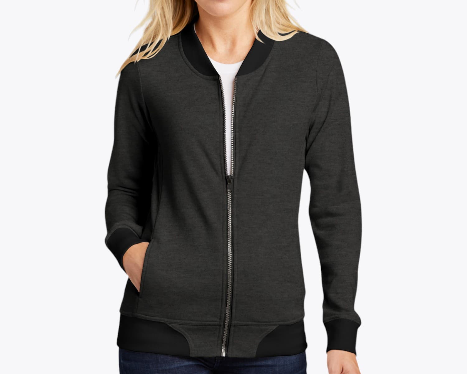 Sport-Tek LST274 Ladies Lightweight French Terry Bomber in Heather Black (size:small, view:front)